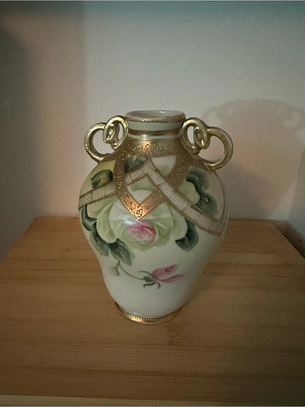 Hand-Painted Floral Ceramic Vase with Gold Trim - Cream, Green and Pink (AS-IS)